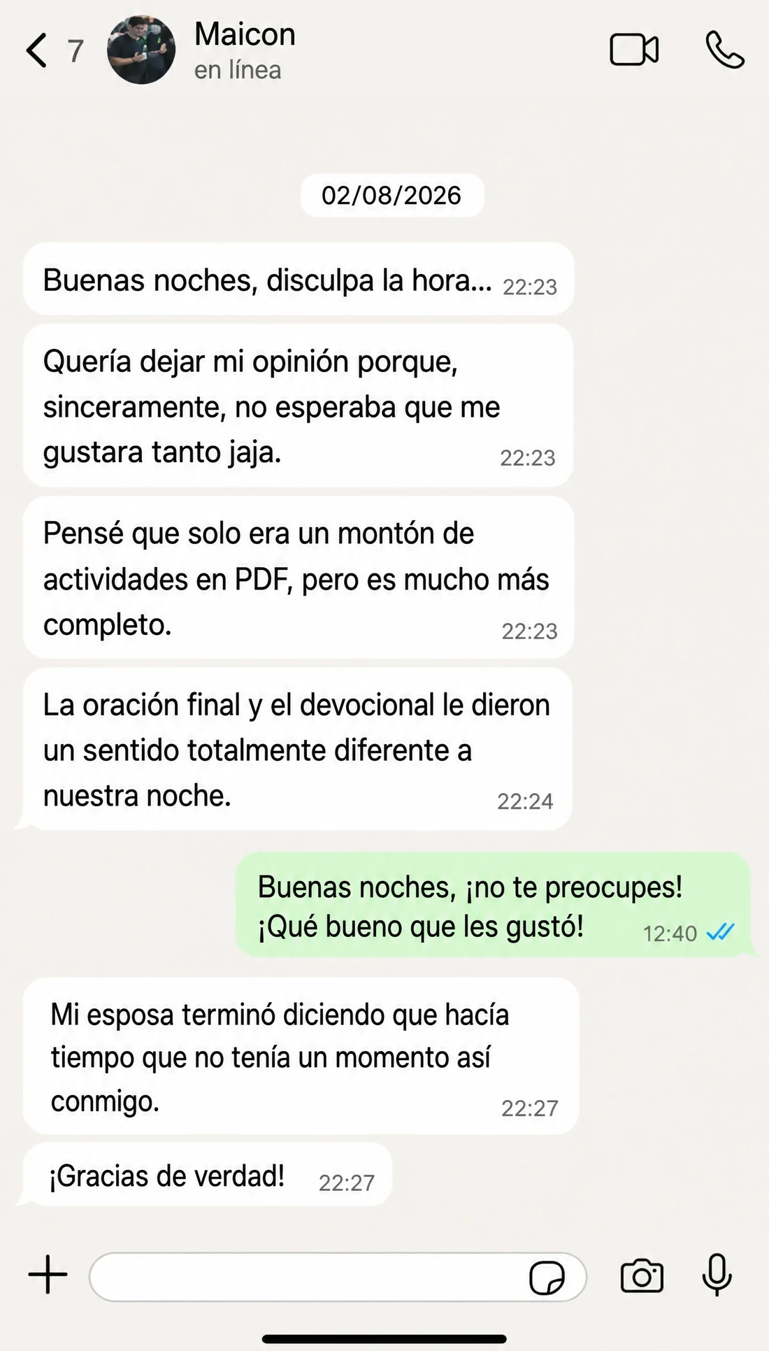 Testimonio de cliente en WhatsApp